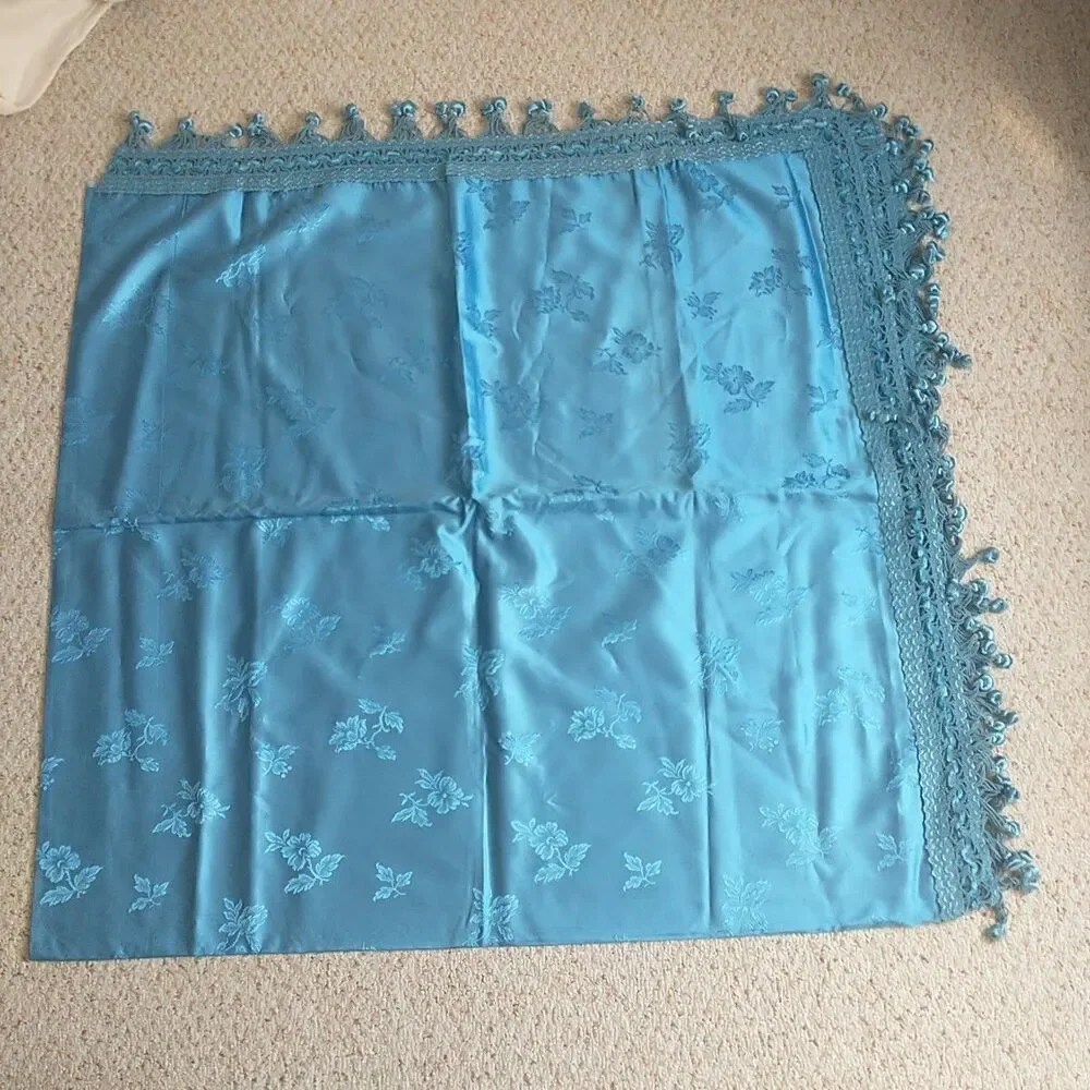 Vtg Italian Bedspread Coverlet Blue Satin Damask Roses TasselS 95x95*READ